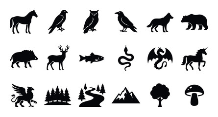 Obraz premium A versatile collection of nature and wildlife silhouettes featuring animals, mythical beasts, and landscape elements, ideal for graphic design projects and educational materials.