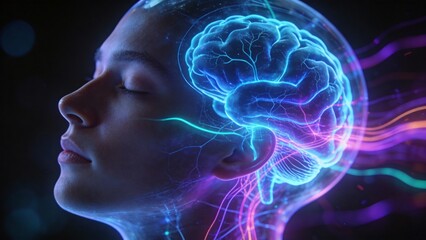 Human head with glowing brain and neural network