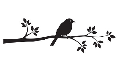 Single elegant black silhouette of a bird sitting on a tree branch with leaves, isolated vector.