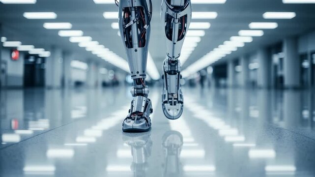 Futuristic Humanoid Robot Legs Walking in Modern Corridor