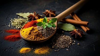 Variety of colorful cooking spices on wooden spoon