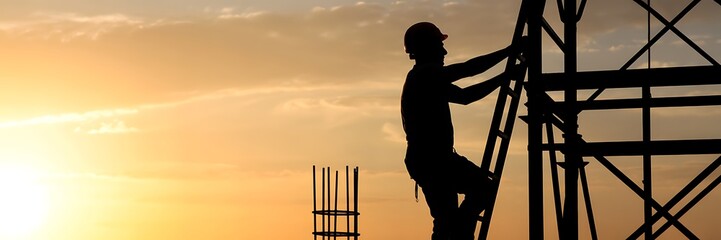 A construction worker in silhouette climbing a metal scaffolding at sunset on a building site