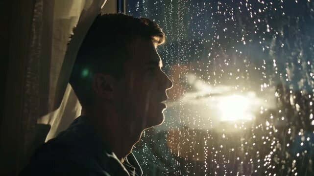 cinematic stock young man sitting alone dark room next to a rain-covered window, single sunbeam piercing dark clouds outside reflections wet glass, emotional introspective expression, raindrops fall
