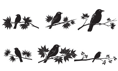 Six black silhouette birds perched on branches with leaves, isolated on white background, vector illustration.