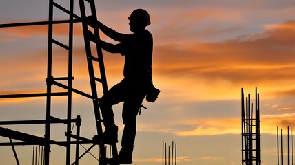 A construction worker in silhouette climbing a scaffolding ladder at sunset