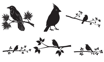 Collection of six black silhouette birds on branches and a cardinal, isolated on white background, vector.