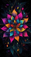 Vibrant Digital Illustration of a Glowing Neon Flower with Multi-Colored Petals on a Black Background
