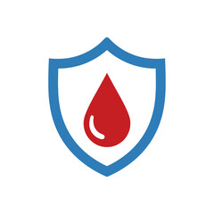 A blue shield icon with a red blood drop symbol in the center, representing protection or health.