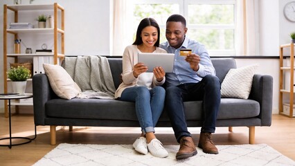 Couple shopping online on couch
