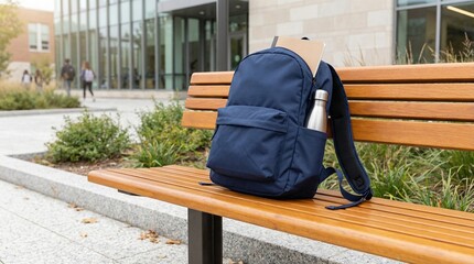 Backpack on bench outside campus building in daytime  