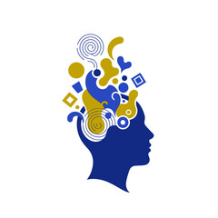 Blue human head silhouette with abstract golden and blue shapes representing thoughts and creativity.
