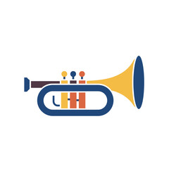 A colorful, stylized illustration of a trumpet with blue, yellow, brown, and orange accents on a white background, representing musical instruments.