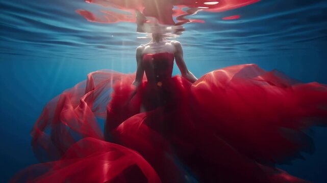 Cinematic 4K slow-motion underwater video female model wearing flowing red couture dress, tulle pleated petal fabric swirling gracefully, ethereal lighting rays of sunlight piercing water, dreamlike
