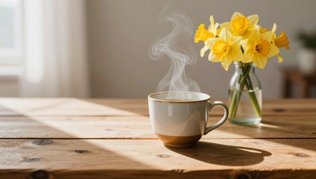 Cup of tea with spring flowers on wooden table close up morning terrace background copy space healthy lifestyle relax wellness breakfast