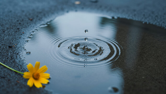Spring reflection in puddle close up rain water sky and clouds nature background copy space fresh environment weather transition blue urban