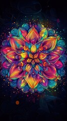 Intricate Circular Cosmic Mandala Art with Symmetrical Floral Petals in Vibrant Rainbow Colors on Black
