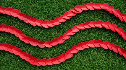 Vibrant Red Leaves Forming Wavy Pattern on Lush Green Grass Background