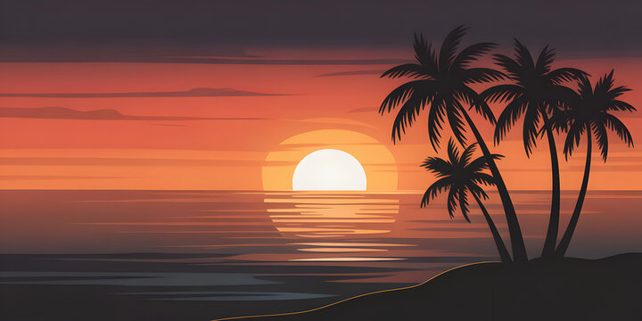 Sunset over the ocean with palm trees in the foreground. - Powered by Adobe