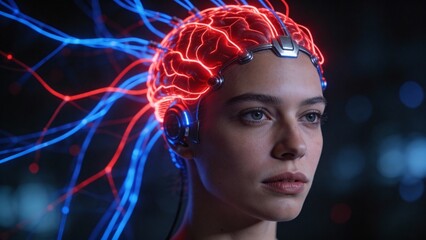 Woman with glowing brain and neural network