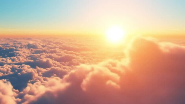 Breathtaking golden sun rising or setting over a vast expanse of soft, fluffy clouds, creating a serene and ethereal aerial perspective of the sky's magnificent beauty