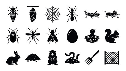 Collection of various garden insects, small animals, and common gardening tools useful for educational resources, nature studies, or pest management guides