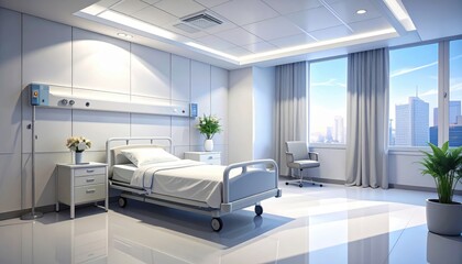 Spacious hospital room featuring a single bed, large window with city view, and modern furnishings in bright, clean setting.