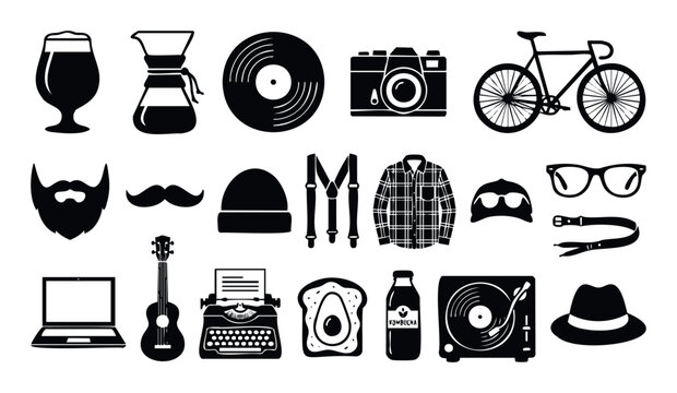 Collection of black and white silhouette icons representing various elements of hipster and indie culture, perfect for lifestyle blogs, event posters, or modern branding projects.