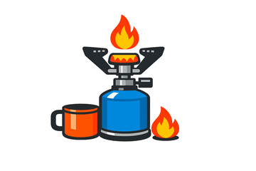 Portable camping stove with fire and cup set up for outdoor cooking