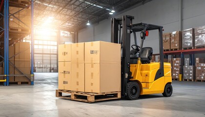 Yellow forklift transporting boxes in a spacious warehouse with sunlight filtering through windows, highlighting the industrial setting.