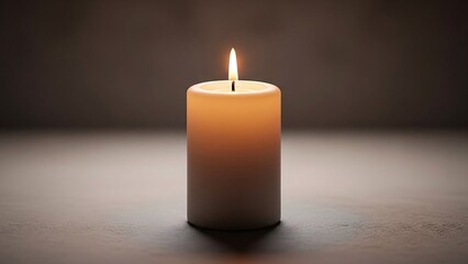 A single lit candle emits a warm glow on a dark background with a reflective surface