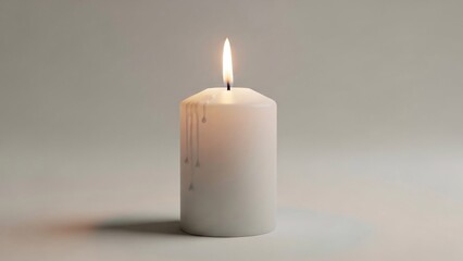 A single white candle with a small flame burning brightly on a plain gray background casting a subtle shadow