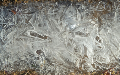 Thin finely cracked crystal ice in a puddle closeup