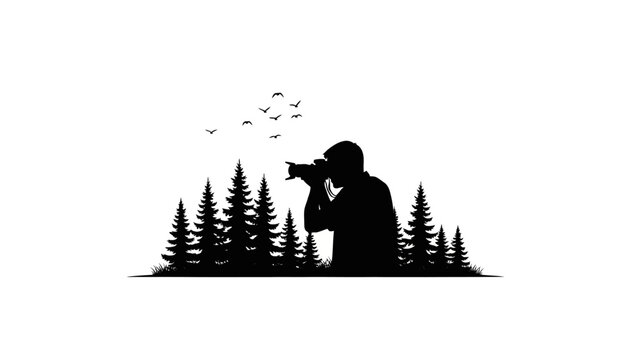 Silhouette of a photographer in nature taking pictures of birds in flight.