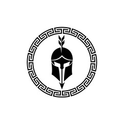 Spartan Warrior Helmet Logo with Greek Key Pattern. Ancient Greek Meander Emblem in Black and White