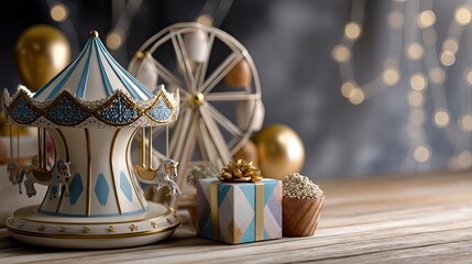 Festive Carousel with Colorful Gifts and Gold Accents Set Against a Soft Background of Holiday Decorations