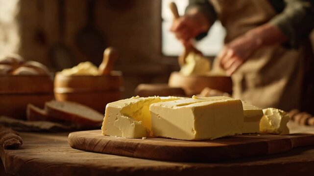 Cinematic 4K video artisanal butter production rustic farm, fresh cream poured wooden churn, hands churning kneading golden butter, close-up rich buttery butter blocks wooden board, sunlight streaming