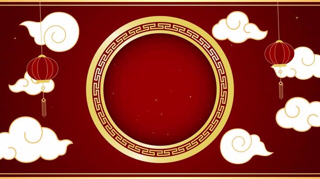 Animation of chinese new year background golden frame with red lanterns and oriental clouds. 4k animation video