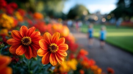 A close up of two orange flowers with yellow centers