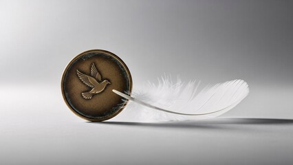 Vintage coin with bird design pierced by white feather on gray background