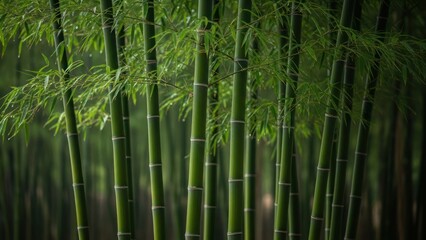 Lush green stalks of bamboo rise with foliage against a soft backdrop