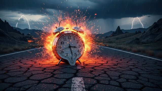 Exploding alarm clock on desert road