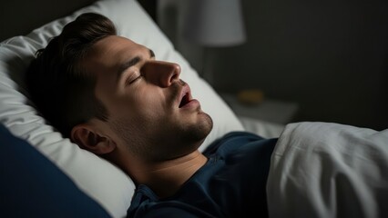 Man asleep in bed, mouth open, illuminated by soft lighting