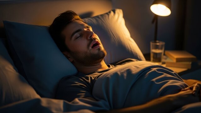 Man asleep in bed at night, illuminated by a lamp