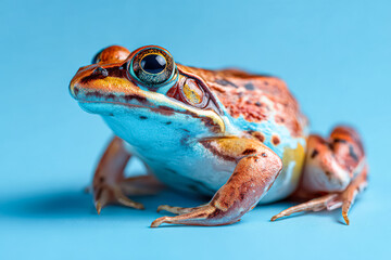 Fototapeta premium This close up image showcases a vibrant multicolored frog with striking features, sitting on a smooth surface against a blue background.