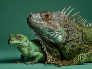 Fototapeta premium A detailed close up image featuring an iguana and a chameleon resting side by side against a smooth green backdrop, showcasing their vibrant colors and textures.