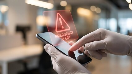 Hands holding smartphone with warning light.