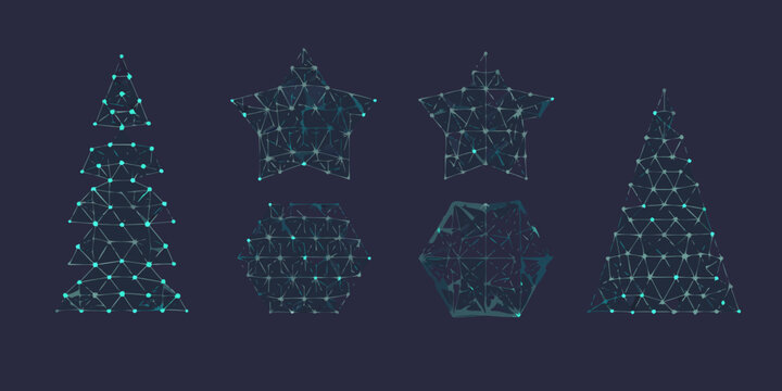 a collection of wireframe christmas trees and decorative boxes