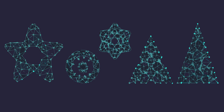 Abstract geometric shapes star flower tree and cone in a neon blue style