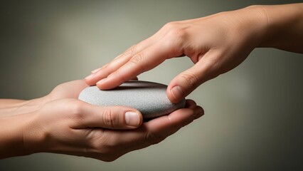 Two hands passing a smooth gray stone to each other in a gesture of trust or cooperation on a neutral background