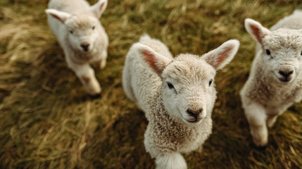 Obraz premium A delightful top down view of playful baby lambs joyfully hopping and exploring their grassy environment, showcasing their fluffy coats and curious nature.